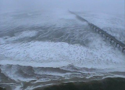 Waves overtopping bridge